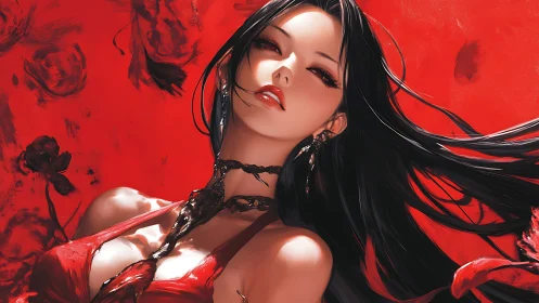 Crimson siren reclines beneath a storm of painted roses.