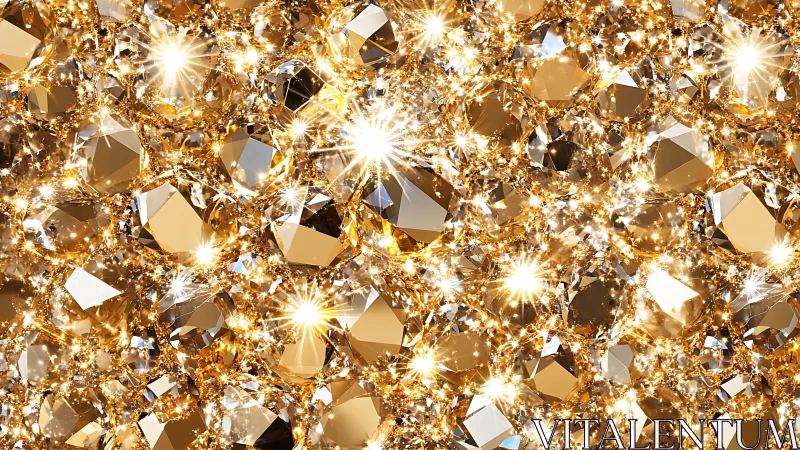 Dense macro field of faceted golden gemstones under intense specular glare