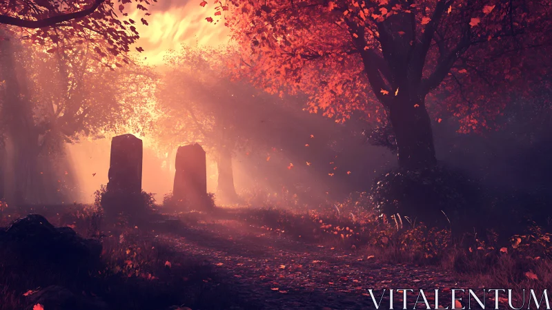 Autumn graveyard path glows with haunting, misty sunset light