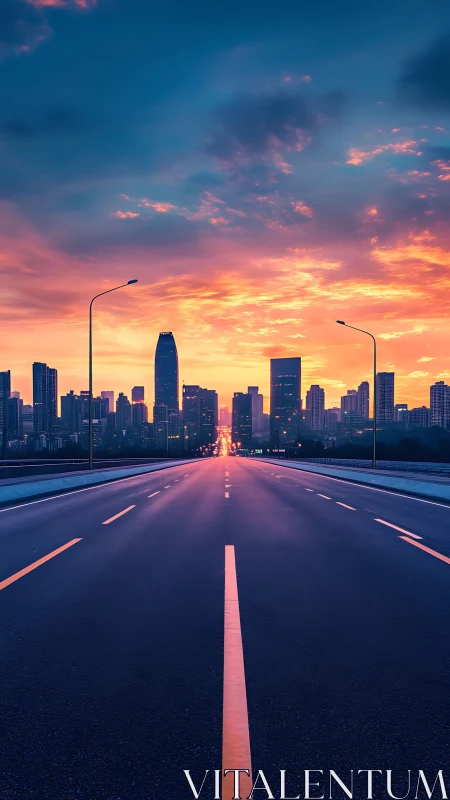 Empty highway leads toward neon city at vivid sunset sky.
