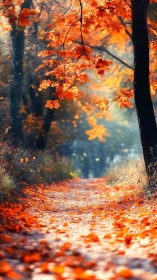 Autumn forest path covered with orange fallen leaves in light.