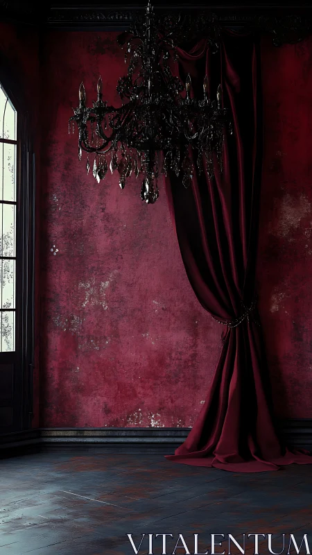 Dark chandelier against worn red wall and draped curtain.