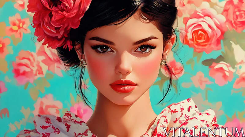 Digital portrait of floral woman against turquoise roses