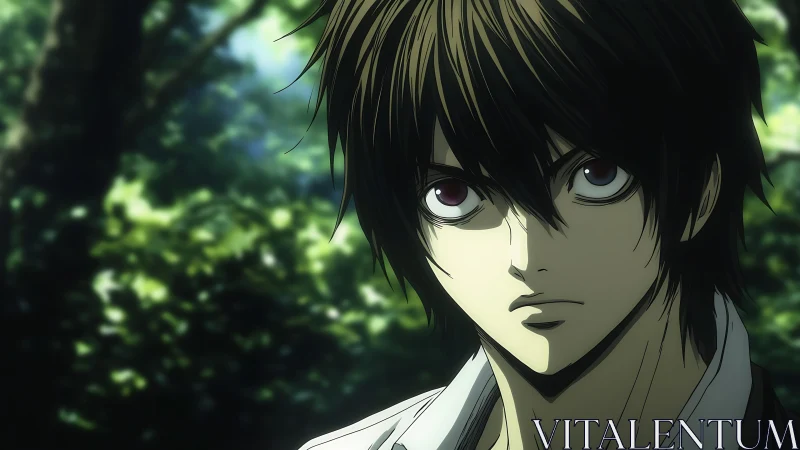 Male anime character with intense gaze in forest setting.