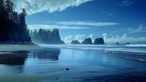 Rocky coastal seascape under vivid blue morning light.