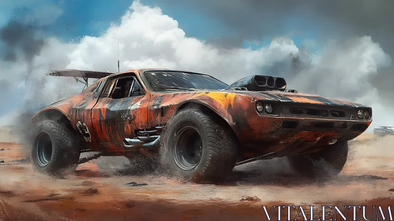 Postapocalyptic muscle car storms windswept desert plain.