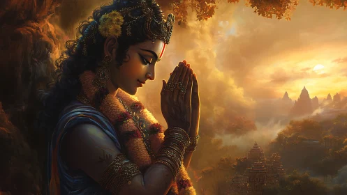 Devotional goddess profile prays over misty temple valley