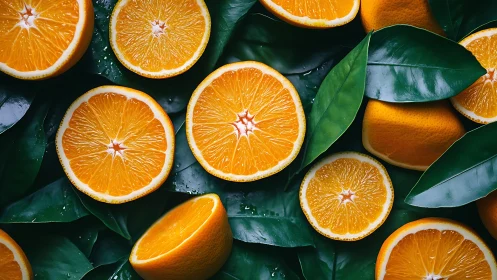 Citrus orange cross-sections on glossy green foliage.