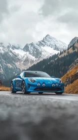 Electric-blue sports coupe dares the brooding alpine pass.