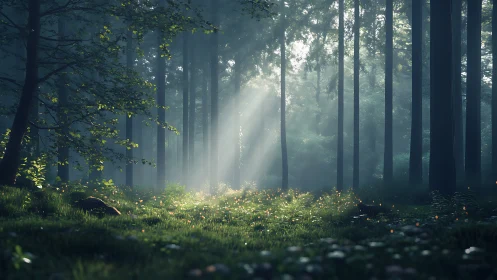 Misty forest with celestial light rays piercing through towering trees.