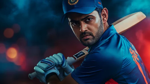 Cricket batsman in blue kit holds bat ready against dark backdrop
