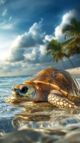 Photorealistic sea turtle close-up in tropical shoreline scene.