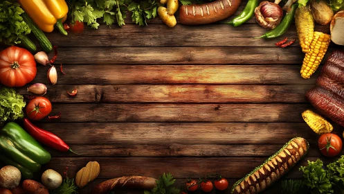 Rustic wooden table bordered by grilled meats and vegetables