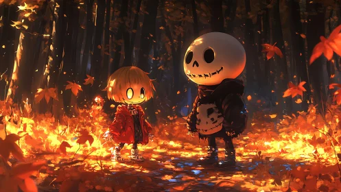 Cute skeleton and child standing in glowing autumn forest.