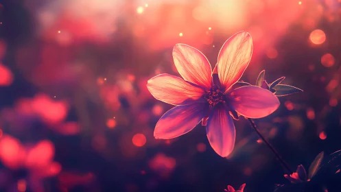 Glowing Pink Flower Against Blurred Red Bokeh Background