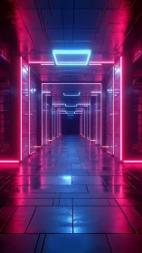 Neon vanishing-point corridor renders atmospheric cyber tunnel