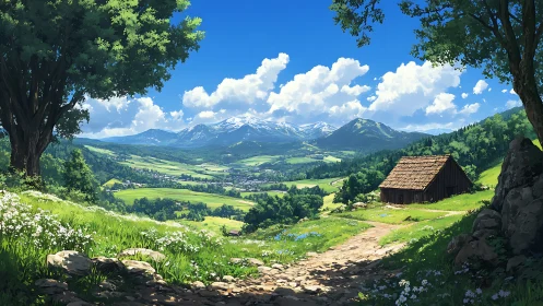 Highland valley landscape with rural path and timber hut.