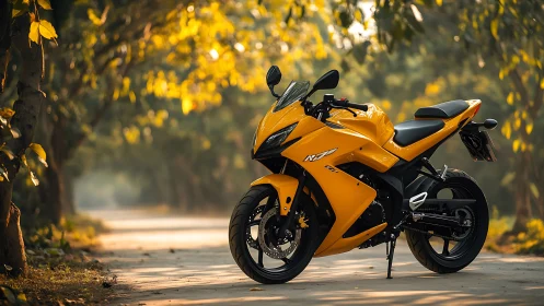 Sport bike glows in golden forest road sunlight at dusk.