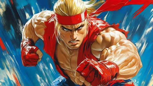 Crimson headband brawler storms forward in kinetic fury.