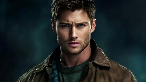 Digital portrait of rugged man in leather jacket, teal glow.