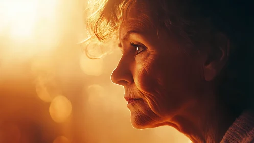 Elderly woman in warm sunset light, side profile portrait.