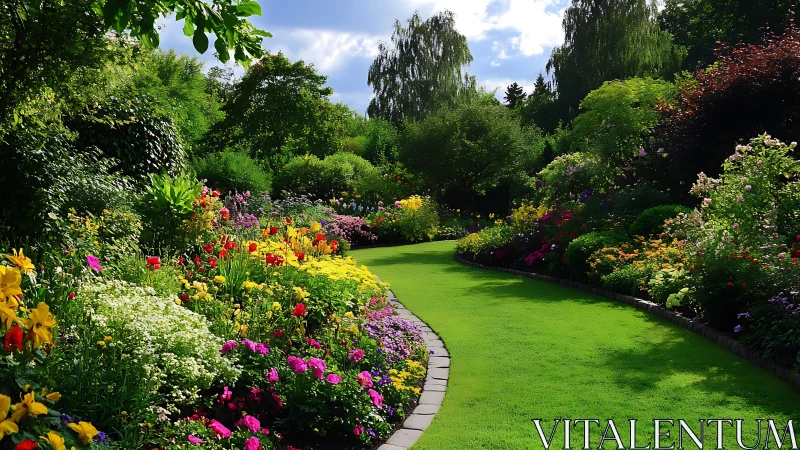 Curving garden lawn bisects densely planted summer flower borders