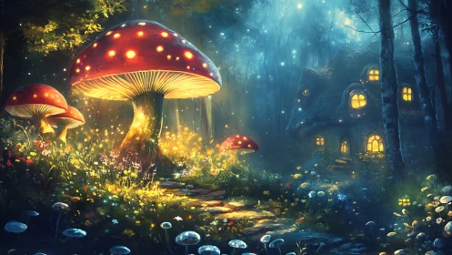 Glowing forest mushrooms guiding the way to a cozy cottage.