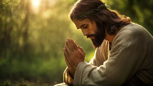 Gentle robed figure praying quietly in soft golden light.