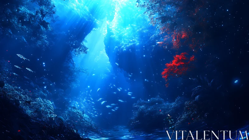 Underwater canyon with glowing fish and red corals.