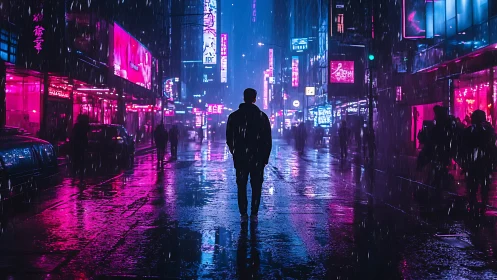 Lone figure in neon lit rainy city street at night scene.
