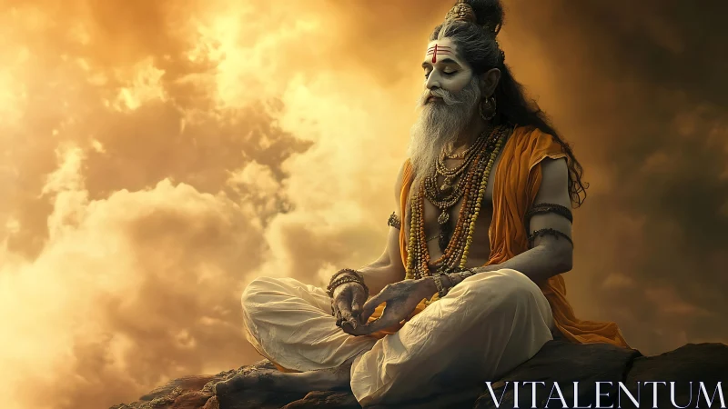 Skyfire sage in deep meditation above molten clouds.