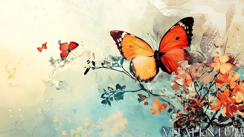 Orange butterflies above floral branches on abstract background.