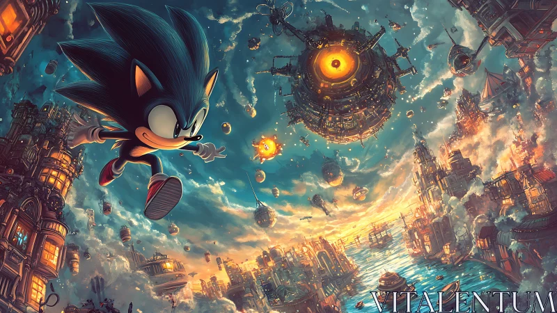 Speeding hedgehog races through glowing steampunk sky city.