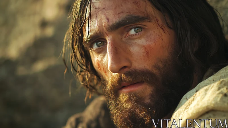 Close-up portrait of wounded bearded man outdoors.