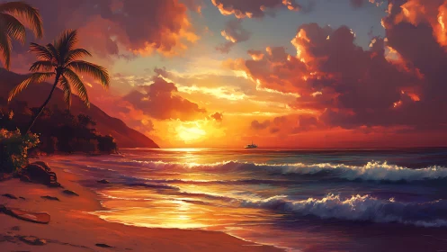 Sunset-splashed palm cove cradling molten-tide horizons.