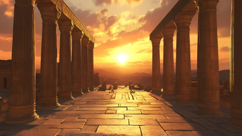 Rendered colonnade frames low sun over distant landscape