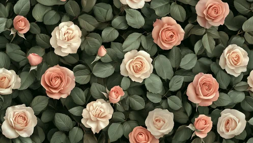 Layered Rose Garden with Cream and Coral Blooms Among Eucalyptus Foliage.