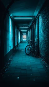 Neon Tunnel Passage. Cyan Lights Illuminate Narrow Urban Corridor.