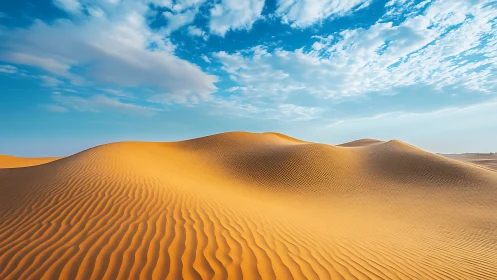 Golden desert dunes under vivid blue sky at sunrise.