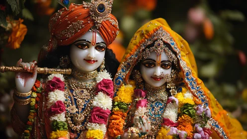 Devotional statues in ornate floral garlands under soft bokeh light