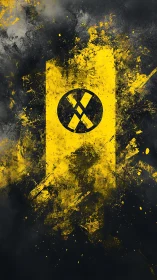 Grungy yellow emblem exploding over dark textured void.