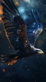 Dynamic raptor in cinematic low-key lighting cuts through embers