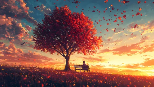 Person on bench under red autumn tree at sunset sky.