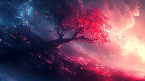 Crimson dreamtree leaning between night and sunrise.