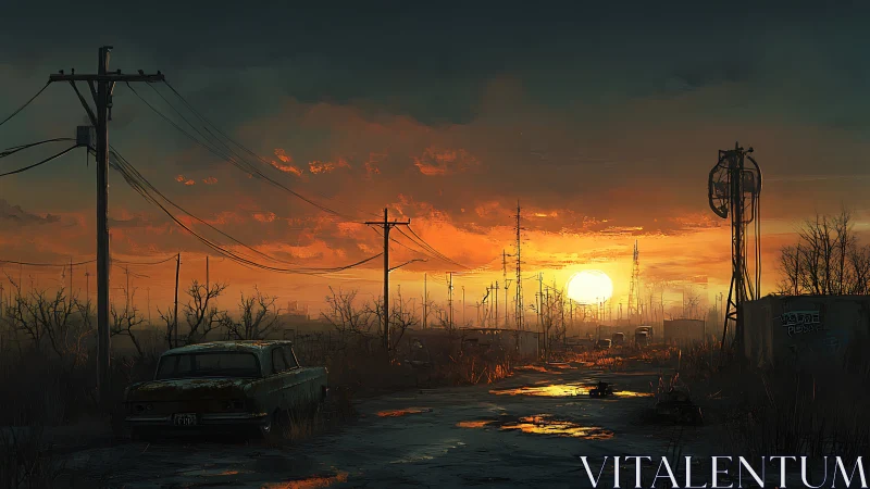 Post-industrial sunset corridor with derelict grid infrastructure.