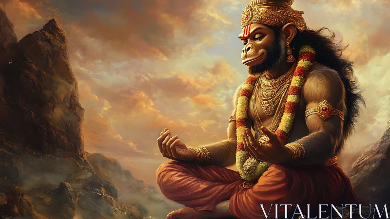 Meditating monkey deity sits serenely amid glowing mountains.