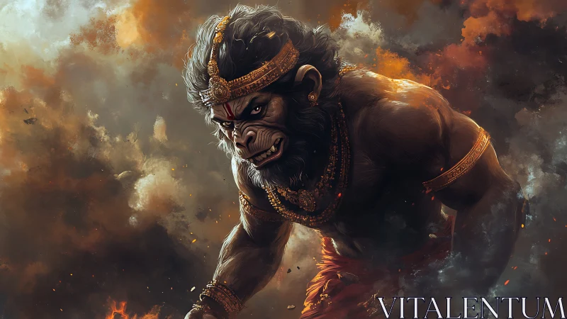 Divine monkey warrior amid storm of fire and smoke.