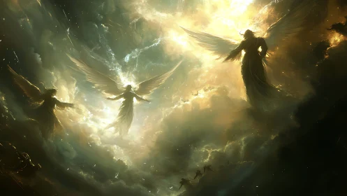 Radiant winged figures emerge through volumetric celestial light