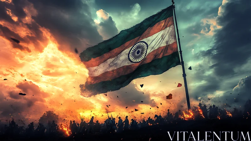 Indian flag over battlefield sky with dramatic burning horizon.