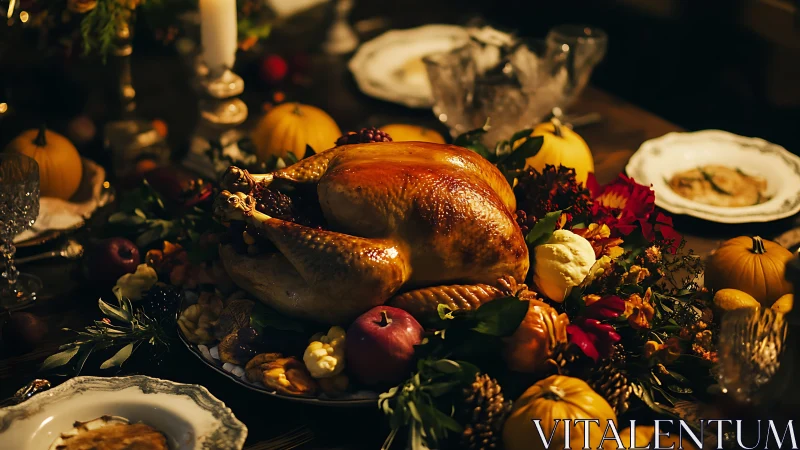 Golden harvest turkey reigning over candlelit autumn feast.